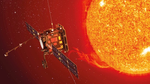 Künstlerische Darstellung der Raumsonde - Solar Orbiter - der Europäischen Raumfahrtbehörde ESA vor der Sonne. 