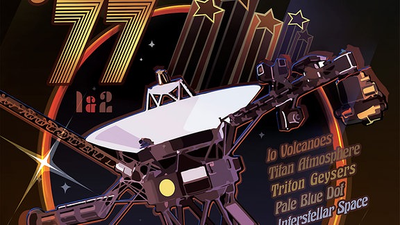 Die Voyager2-Sonde auf einem Poster im knallbunten Disco-Look