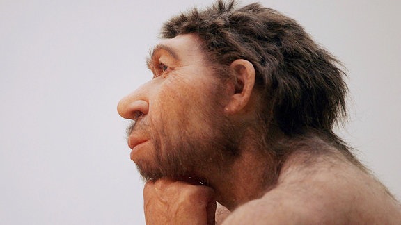 Präneandertaler-Figur Der Denker im Landesmuseum für Vorgeschichte in Halle