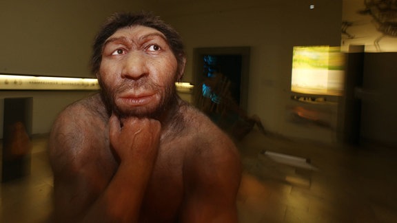 Vorgeschichtsmuseum Halle Neandertaler der in der Denkerpose von Rodin gestaltet wurde
