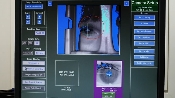 Auf einem Computerbildschirm ist der Scan einer Pupille zu sehen. 