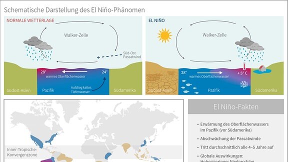 Auswirkungen des El Niño-Phänomens:  Das Phänomen El Niño macht die Zusammenhänge zwischen der Wassertemperatur des Meeres und Abläufen in der Atmosphäre besonders deutlich: eine instabile Wechselwirkung von Atmosphäre und Ozean. Sie wird auch als ENSO (El Niño – Southern Oscillation) bezeichnet. Wenn der Druck auf der westlichen Seite des Pazifiks hoch ist, ist er über dem Ostpazifik niedrig und umgekehrt. Der damalige Chef des indischen Meteorologischen Dienstes Sir Gilbert Walker taufte diese Beziehung die "Südliche Oszillation". Die Luftströmung, die diese beiden Regionen verbinden, wird heute Walker-Zirkulation genannt. Quelle/Rechte: Wissensplattform eskp