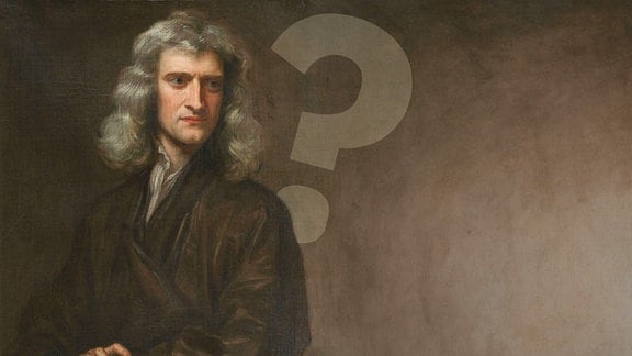 Porträt von Sir Isaac Newton in jüngerer Erscheinung Mitte-Ende Vierzig mit schulterlangen Haaren. Zwei große Fragezeichen auf nach rechts erweitertem Hintergrund mit dunkler Farbe.