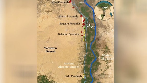 Der Wasserlauf des alten Ahramat-Zweigs des Nil mit den großen Pyramiden-Feldern