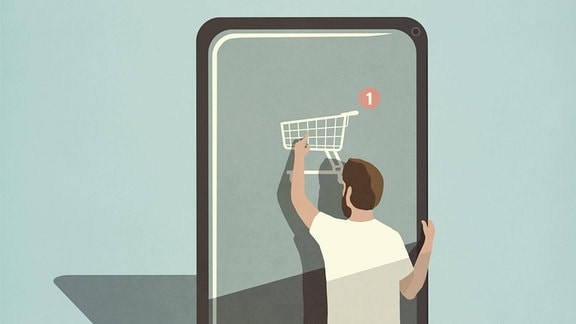 Illustration von Mann, der an einem überdimensionierten Smartphonebildschirm steht und mit dem Finger auf ein großes Einkaufswagensymbol tippt an dem eine eingekreiste Eins ist.