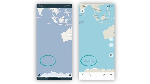 Screenshots von zwei OSM-Kartendiensten. Markierung: Links fehlt Südlicher Ozean, rechts ist er eingetragen