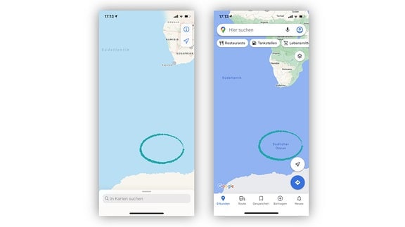 Zwei Screenshots: Apple Maps und Google Maps. Markierung: Bei Apple kein Südlicher Ozean eingetragen, bei Google schon.