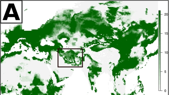 Eine sehr verpixelte Karte von Europa, Afrika und Asien. Grüngefärbte Kartenteile zeigen die Gebiete an, in denen menschliche Besiedlung möglich war.