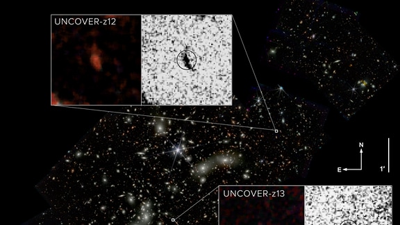 Montage mehrerer astronomischer Aufnahmen, die ein Cluster von Galaxien zeigen.