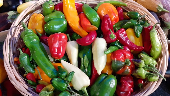 Ein Korb voller Paprika in verschiedenen Größen und Farben