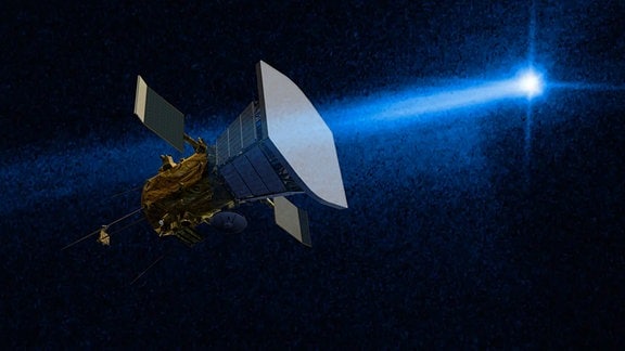 Eine Collage der Nasa-Raumsonde Parker Solar Probe, wie sie den Schweif eines Asteroiden durchfliegt (nicht maßstabsgetreu).  