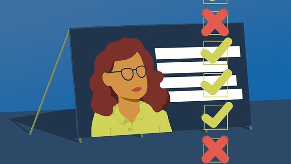 Illustration: Eine Aufstelltafel zeigt eine Frau mit Brille. Rechts von ihr ist eine Liste zu sehen. Die erste Zeile wird von einem roten Kreuz angeführt. Die drei weiteren Zeilen sind mit grünen Haken versehen.