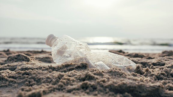 Nahaufnahme: Durchsichtige Plastikflasche, gedrückt mit weißem Deckel liegt in Sand am Srand, im Hintergrund unscharf das Meer