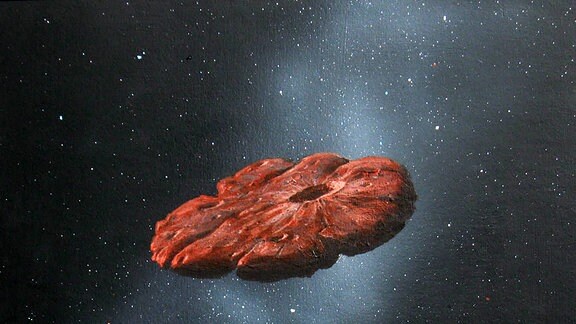Künstlerisches Konzept des interstellaren Objekts Oumuamua als Pfannkuchen-Scheibe.