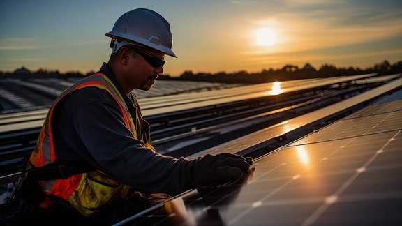 Mann mit weißem Helm arbeitet in Fotovoltaikanlage bei Sonnenuntergang