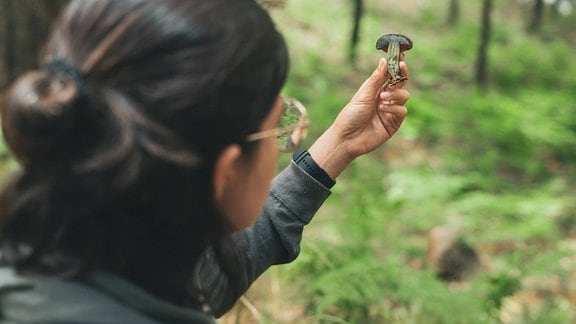 Eine Frau hält einen Pilz in der Hand.