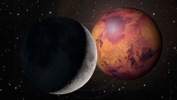 Eine Weltraum-Collage mit der Mondsichel und Mars.