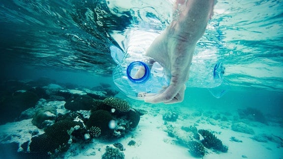 Hand greift Plastikflasche im Wasser