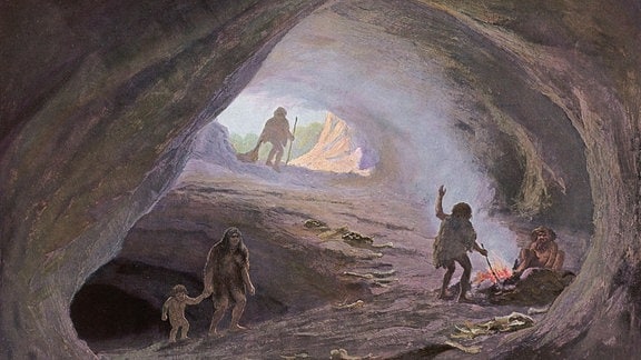 Illustration: Verschiedene menschliche Höhlenbewohnende, Kind an Hand von Person, andere Person kommt in Höhle weiter Person an Feuerstelle