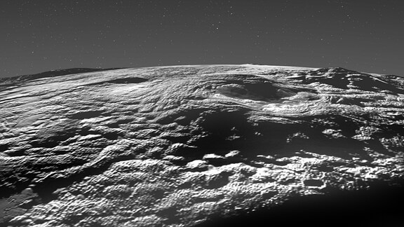 Ein perspektivischer Blick auf die Region auf Pluto, wo sich mehrere Eisvulkane befinden