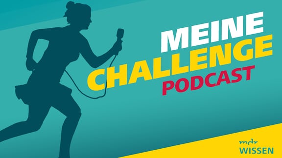 Covergrafik für Podcast Meine Challenge, zu sehen ist der Schattenriss einer Reporterin, die mit einem Mikrofon einen Berg hinaufrennt.
