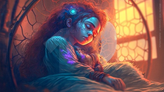 Illustration: Schlafendes Mädchen in einem Hängesessel, im Hintergrund die Zahl 10.