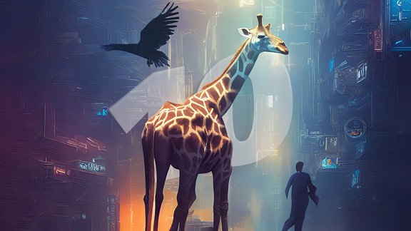 Eine Giraffe, ein Raubvogel und ein Mensch vor einer stilisierten, technisch anmutenden Textur, dahinter die Zahl Zehn als Wassserzeichen