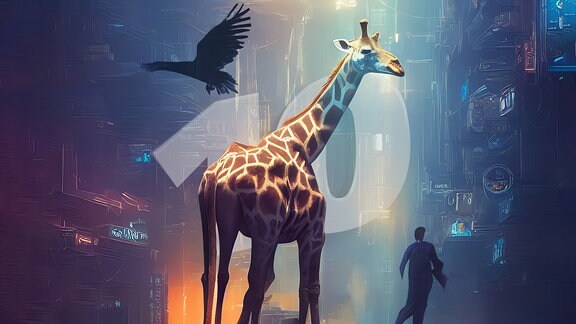 Eine Giraffe, ein Raubvogel und ein Mensch vor einer stilisierten, technisch anmutenden Textur, dahinter die Zahl Zehn als Wasserzeichen