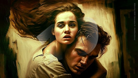 Illustration: Eine Frau und ein Mann umarmen sich mit leidendem Gesichtsausdruck. Die Zahl Zehn ist als Wasserzeichen im Hintergrund eingefügt.