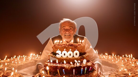 Ein alter Mann sitzt vor einer Geburtstagstorte, die mit der Zahl 3000 garniert ist. Im Hintergrund die Zahl 10 als Wasserzeichen. Dieses Bild wurde von einer Künstlichen Intelligenz (Generative AI) erstellt.
