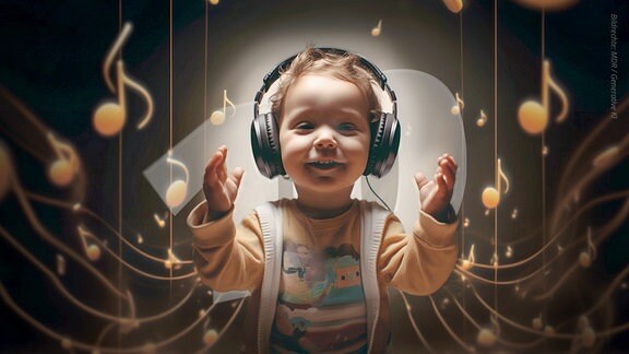 Kleines Kind mit Kopfhörern vor einem abstrakten Hintergrund, als Wasserzeichen die Zahl Zehn.