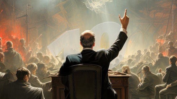 Ein Mann sitzt an einem Tisch in einer Halle, in der eine Diskussion einer größeren Menschenmenge stattfindet, und hebt die rechte Hand. Als Wasserzeichen die Zahl Zehn.