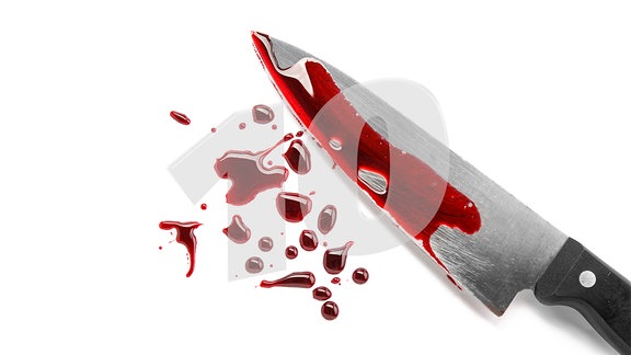 Stilisiertes Messer mit Blutspuren und einer transparenten Zahl 10.