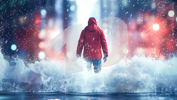 Ein Mann in roter Regenjacke von hinten im Wasser stehend. Als Wasszeichen die Zahl Zehn.