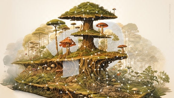 Illustration eines Fantasiewaldes mit Bäumen, Pilzen und einer darübergelegten Netzstruktur. Als Wasserzeichen die Zahl 10