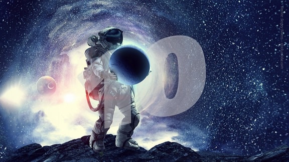 Illustration: Astronaut auf Planetenoberfläche, im Hintergrund ist eine Galaxie zu sehen. Wasserzeichen: die Zahl 10.