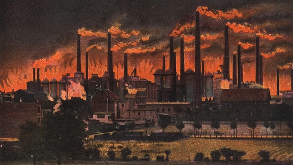 Das düstere Bild zeigt die Ansicht einer Industrieanlage. Zahlreiche Schlote färben den Himmel tiefschwarz. Der Horizont und der austretende Dampf sind rot gefärbt - Feuer oder Sonnenuntergang?