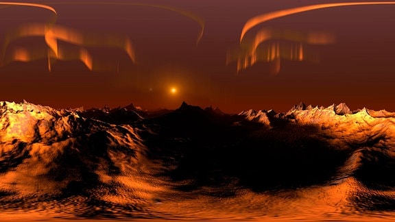 Eine künstlerische Grafik, die darstellen soll, wie es auf dem Exoplanet "proxima b" aussehen könnte. Zu sehen ist eine rote Wüstenwelt mit einem kleinen Stern am roten Himmel.