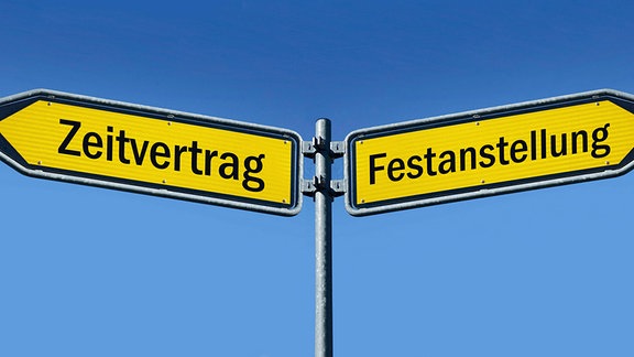 Zwei Wegweiser mit Zeitvertrag und Festanstellung