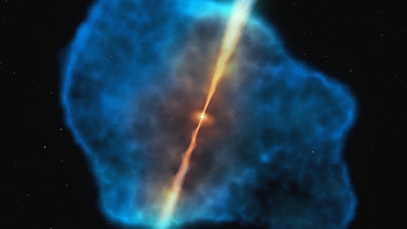 Illustration eines Quasars umgeben von Wasserstoffgas im frühen Universum. Zus ehen ist eine blaue Wolke mit einem hellen Punkt in der Mitte, aus dem nach oben und unten zwei helle Strahlen entweichen.