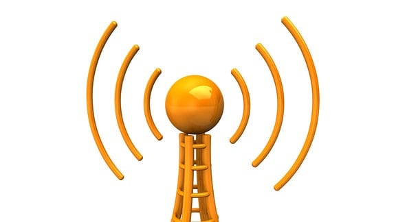 Grafische Darstellung: Orangener Antennenturm sendet Radiowellen aus.