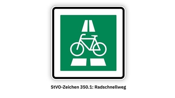 Grün-weißes Piktogramm mit Autobahn-ähnlicher Straße und Fahrrad. Text: StVO-Zeichen 350.1: Radschnellweg