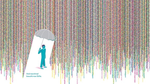 Ein Mann mit Regenschirm, der ihn vor bindfadenartigen, farbigen Wörterkaskaden schützt, die aus dem Himmel herabfallen und aus Verben bestehen, die mit der Erzeugung von Klängen und Geräuschen zu tun haben: von "lärmen" und "flattern" bis "scheppern" und "rascheln". Unter dem Schirm ist weiße Fläche.