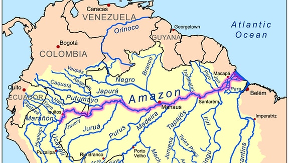 Auf einer Karte ist der Amazonas markiert.