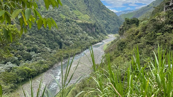 Ein Fluss fließt durch eine Tal in einem Regenwaldgebiet.