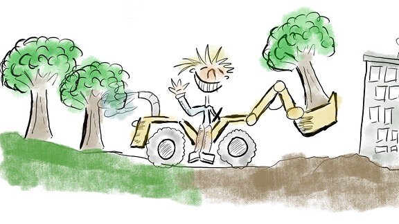 Recht einfache Zeichnung von einer Person auf einem Bagger. die freudig winkt und Bäume vom grünen Land zum grauen Land mit Betonhochhaus befördert.