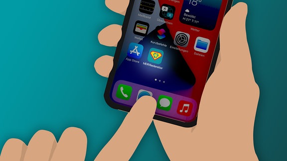 Illustration Hand hält Smartphone: Auf Home-Bildschrim ist App-Symbol von MDR-Resteretter hell hervorgehoben