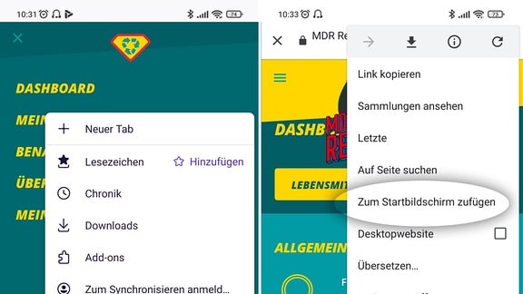 Zwei Screenshots: Firefox und Chrome unter Android mit markierten Menüpunkten "Installieren" und "Zum Startbildschirm zufügen"