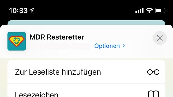 Screenshot der App Safari unter iOS mit hervorgehobenen Menüpunkt "Zum Home-Bildschirm"