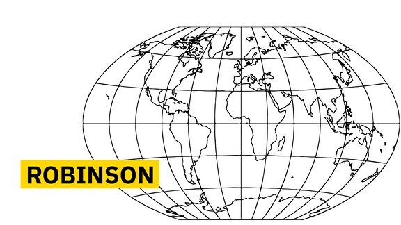 Robinson-Kartenprojektion: Erde als gestauchter Ball ohne sehr große Verzerrungen im höheren Norden und tieferen Süden, nur an den Polen. Goode-Projektion: Erde in drei Scheiben aufgeteilt, links und rechts eiförmig, Mitte etwas runder